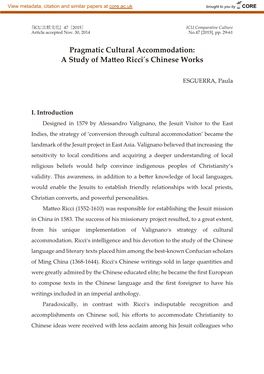 Pragmatic Cultural Accommodation: a Study of Matteo Ricci's Chinese