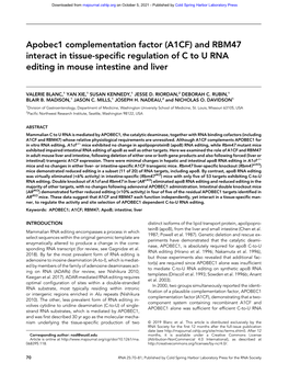 Apobec1 Complementation Factor (A1CF) and RBM47 Interact in Tissue-Specific Regulation of C to U RNA Editing in Mouse Intestine and Liver