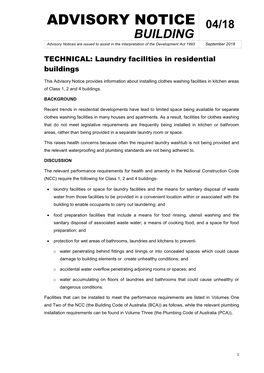 ADVISORY NOTICE 04/18 BUILDING Advisory Notices Are Issued to Assist in the Interpretation of the Development Act 1993 September 2018