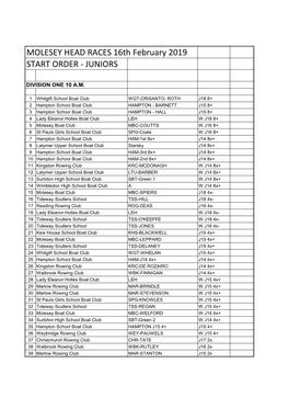 MOLESEY HEAD RACES 16Th February 2019 START ORDER - JUNIORS