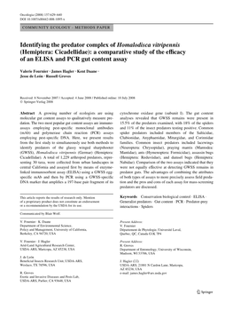 Identifying the Predator Complex of Homalodisca Vitripennis (Hemiptera: Cicadellidae): a Comparative Study of the Eycacy of an ELISA and PCR Gut Content Assay