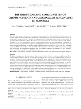 Distribution and Communities of Crypsis Aculeata and Heleochloa Schoenoides in Slovakia