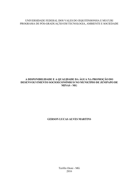 Universidade Federal Dos Vales Do Jequitinhonha E Mucuri Programa De Pós-Graduação Em Tecnologia, Ambiente E Sociedade