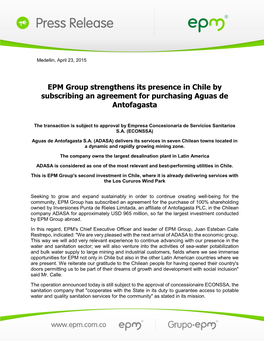 EPM Group Strengthens Its Presence in Chile by Subscribing an Agreement for Purchasing Aguas De Antofagasta