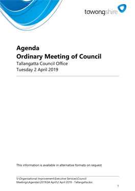 Agenda Ordinary Meeting of Council Tallangatta Council Office Tuesday 2 April 2019
