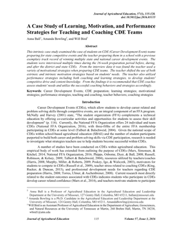 A Case Study of Learning, Motivation, and Performance Strategies for Teaching and Coaching CDE Teams Anna Ball1, Amanda Bowling2, and Will Bird3
