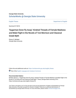 Sugarman Done Fly Away’: Kindred Threads of Female Madness and Male Flight in the Novels of Toni Morrison and Classical Greek Myth