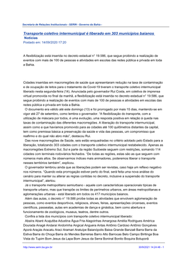 Transporte Coletivo Intermunicipal É Liberado Em 303 Municípios Baianos Notícias Postado Em: 14/09/2020 17:20