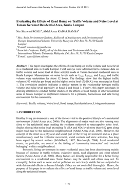 Evaluating the Effects of Road Hump on Traffic Volume and Noise Level at Taman Keramat Residential Area, Kuala Lumpur