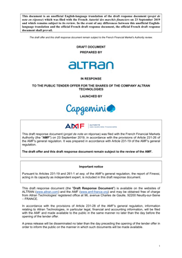 Projet De Note En Réponse) Which Was Filed with the French Autorité Des Marchés Financiers on 23 September 2019 and Which Remains Subject to Its Review