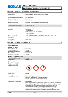 Safety Data Sheet Quaternary Disinfectant Cleaner