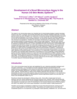 Development of a Novel Micronucleus Assay in the Human 3-D Skin Model, Epidermtm