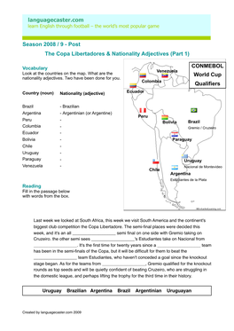 Season 2008 / 9 - Post the Copa Libertadores & Nationality Adjectives (Part 1)