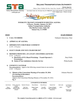 AGENDA 1:30 P.M., Tuesday, January 24, 2017 Solano Transportation Authority One Harbor Center, Suite 130 Suisun City, CA 94585