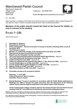 Marchwood Parish Council Marchwood Village Hall Village Centre Telephone: 023 8086 0273 Marchwood SO40 4SX Email:Office@Marchwoodparishcouncil.Org.Uk