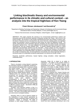 Linking Bioclimatic Theory and Environmental Performance in Its Climatic and Cultural Context – an Analysis Into the Tropical Highrises of Ken Yeang