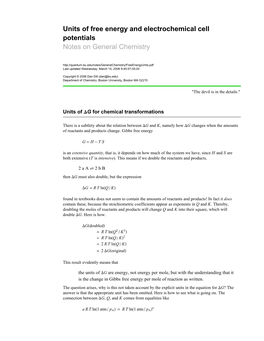Units of Free Energy and Electrochemical Cell Potentials Notes on General Chemistry