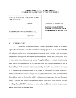 IN the UNITED STATES DISTRICT COURT for the MIDDLE DISTRICT of NORTH CAROLINA LEAGUE of WOMEN VOTERS of NORTH CAROLINA, Et Al