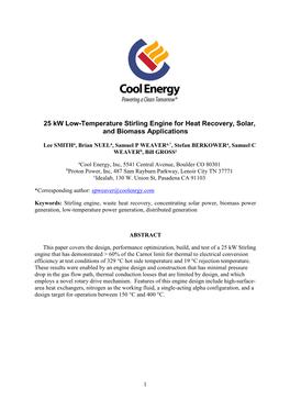 25 Kw Low-Temperature Stirling Engine for Heat Recovery, Solar, and Biomass Applications