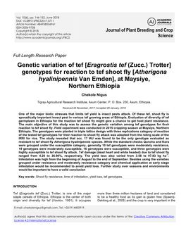 Genotypes for Reaction to Tef Shoot Fly [Atherigona Hyalinipennis Van Emden], at Maysiye, Northern Ethiopia