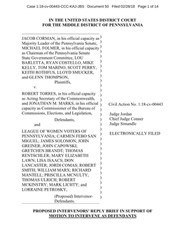 IN the UNITED STATES DISTRICT COURT for the MIDDLE DISTRICT of PENNSYLVANIA JACOB CORMAN, in His Official Capacity As Majority L