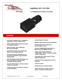 Lightwise LW-1.3-S-1394 1.3 Megapixel Firewire Camera Features
