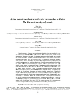 Active Tectonics and Intracontinental Earthquakes in China: the Kinematics and Geodynamics