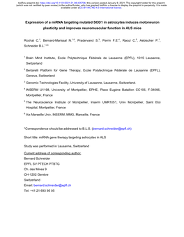 Expression of a Mirna Targeting Mutated SOD1 in Astrocytes Induces Motoneuron Plasticity and Improves Neuromuscular Function in ALS Mice