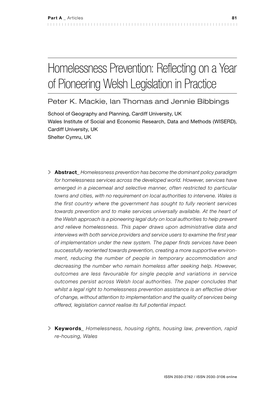 Homelessness Prevention: Reflecting on a Year of Pioneering Welsh Legislation in Practice Peter K