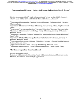 Contamination of Currency Notes with Kanamycin Resistant Shigella Flexneri