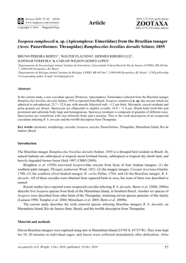 Zootaxa, Isospora Ramphoceli N. Sp. (Apicomplexa: Eimeriidae) from The