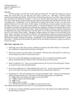 Lifegroup Questions Based On: Ephesians 4:1-6 May 17, 2015