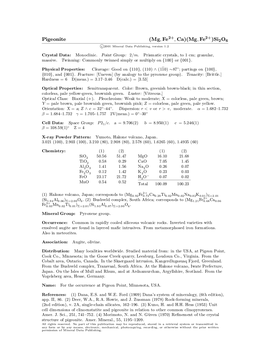 Pigeonite (Mg; Fe ; Ca)(Mg; Fe )Si2o6 C 2001 Mineral Data Publishing, Version 1.2 ° Crystal Data: Monoclinic