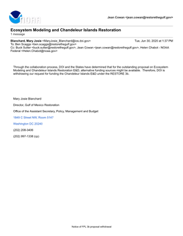 Proposal on Ecosystem Modeling and Chandeleur Islands Restoration E&D, Alternative Funding Sources Might Be Available