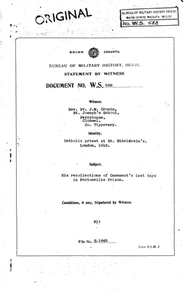 ROINN COSANTA. BUREAU of MILITARY HISTORY, 1913-21. STATEMENT by WITNESS DOCUMENT NO. W.S. 588 Witness Rev. Fr. J.M. Cronin