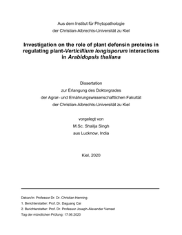Investigation on the Role of Plant Defensin Proteins in Regulating Plant-Verticillium Longisporum Interactions in Arabidopsis Thaliana
