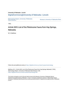 Article XXIV.-List of the Pleistocene Fauna from Hay Springs, Nebraska