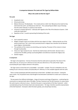 A Comparison Between the Lamb and the Tyger by William Blake Why Is