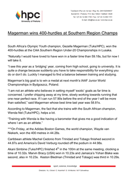 Magerman Wins 400-Hurdles at Southern Region Champs
