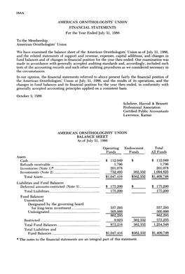 AMERICAN ORNITHOLOGISTS' UNION FINANCIAL STATEMENTS for the Year Ended July 31, 1986