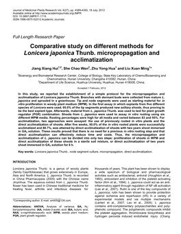 Comparative Study on Different Methods for Lonicera Japonica Thunb. Micropropagation and Acclimatization