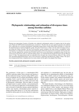SCIENCE CHINA Phylogenetic Relationships and Estimation Of