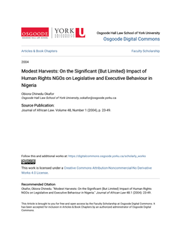 (But Limited) Impact of Human Rights Ngos on Legislative and Executive Behaviour in Nigeria