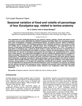 Seasonal Variation of Fixed and Volatile Oil Percentage of Four Eucalyptus Spp