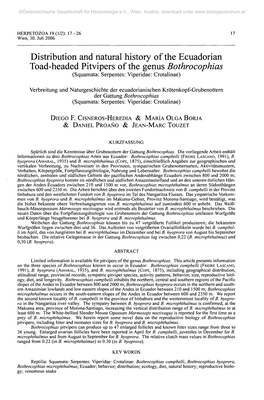 Distribution and Natural History of the Ecuadorian Toad-Headed Pitvipers of the Genus Bothrocophias (Squamata: Serpentes: Viperidae: Crotalinae)