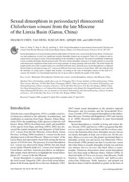 Sexual Dimorphism in Perissodactyl Rhinocerotid Chilotherium Wimani from the Late Miocene of the Linxia Basin (Gansu, China)