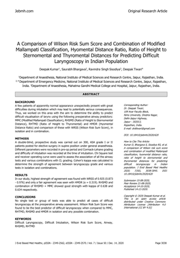 A Comparison of Wilson Risk Sum Score and Combination of Modified Mallampati Classification, Hyomental Distance Ratio, Ratio Of