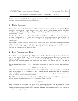 1 Basic Concepts 2 Loss Function and Risk