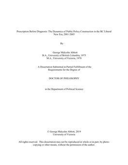 Prescription Before Diagnosis: the Dynamics of Public Policy Construction in the BC Liberal New Era, 2001-2005