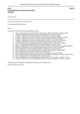 LOI 132.11 Sur La Division Du Canton En Districts (LDCD) Du 14 Juin 1803